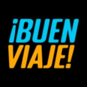 Texto estilizado 'BUEN VIAJE' con la palabra 'BUEN' en azul y 'VIAJE' en naranja sobre un fondo negro.