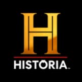 Logo dorado del canal The History Channel con una barra roja y el nombre "HISTORY" en blanco debajo.